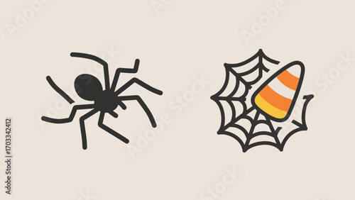 Halloween icons featuring a spider and a candy corn in a spider web design