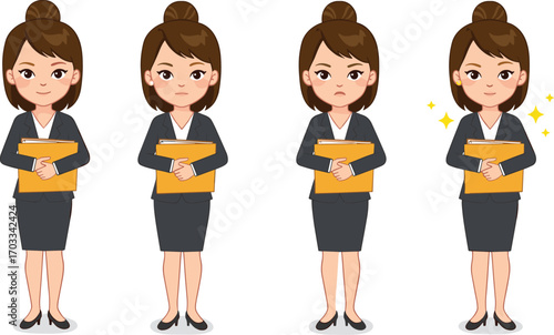 Cartoon businesswoman, professional attire, office character, emotion sequence, folder, confident, serious, frustrated, happy, animation, expression, career, leadership, workplace, illustration