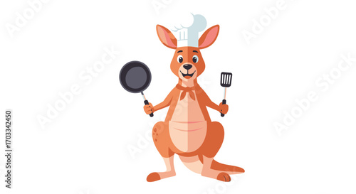 A cheerful kangaroo chef, wearing a hat and holding a pan and spatula, ready to cook.