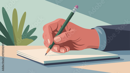 Hand writing on notepad with pencil at desk in office setting illustration
