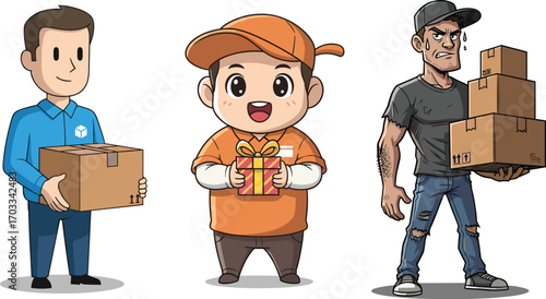 Cartoon delivery characters holding packages, courier service, gift box, cardboard, expression, diversity, motion, illustration, man, kid, macho, parcel, logistics, teamwork, animation