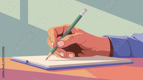 Hand writing with a pencil on a notepad illustration on desk surface