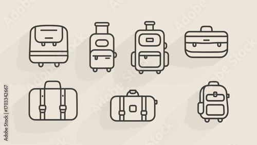 Line art illustration showing various luggage and bags for travel needs