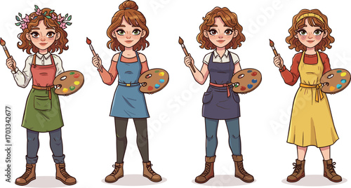 Cartoon girl painter, holding palette, paintbrush, artistic outfit, curly hair, creative pose, character design, colorful, illustration, artist, young woman, drawing, painting, studio