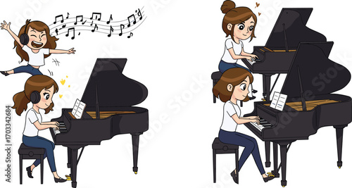 Cartoon girl, piano playing, headphones, musical notes, joyful expression, grand piano, animated character, creativity, emotion, music, twin version, self reflection, excitement, concentration
