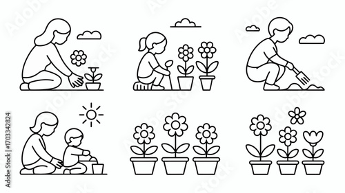 People gardening planting flowers line art vector illustration set