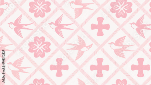 Pink pattern with birds, flowers, and crosses on a white background