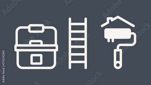 Renovation toolbox ladder and paint roller icon set for home improvement tasks