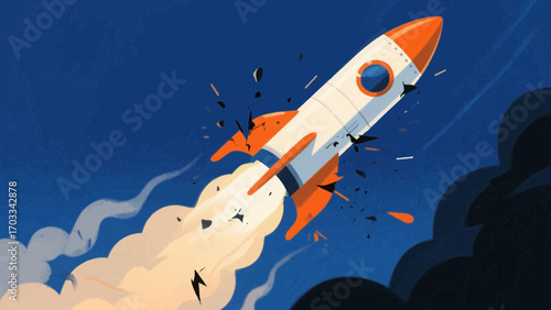 Retro rocket soars through the night sky leaving a trail of smoke behind