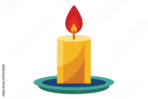 Burning yellow candle stands gracefully within its teal and blue holder centered perfectly