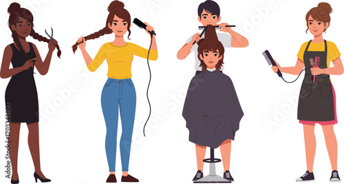 Cartoon hairstylist, haircut scene, hair tools, salon activity, braid cutting, curling iron, flat iron, apron, scissors, styling, beauty, grooming, character, illustration, professional, personal care