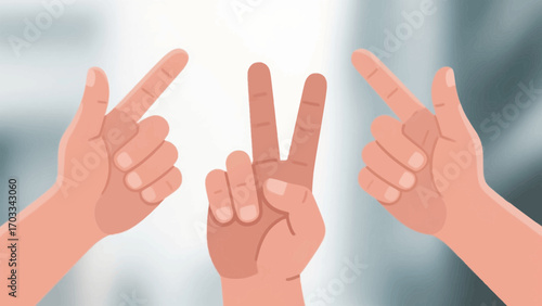 Three hands gesturing pointing and peace signs against a blurred background