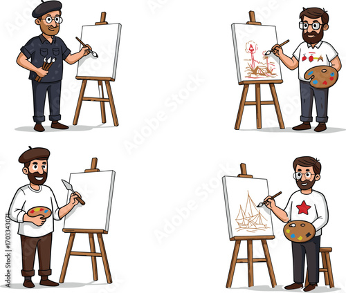 Cartoon male artists, painting on canvas, creative expression, art styles, character illustration, studio scene, colorful outfits, artistic diversity