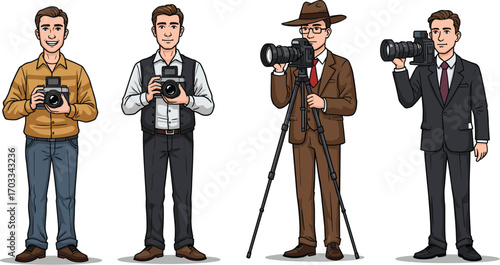 Diverse Male Photographers Capturing Moments: From Casual Hobbyist to Professional Photojournalist with Various Camera Gea