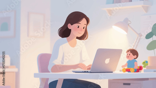 Woman works on laptop at home with child in cozy room illustration