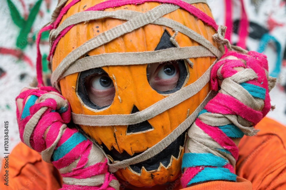 Obraz premium Person wearing pumpkin mask and colorful bandages looking menacing during Halloween party