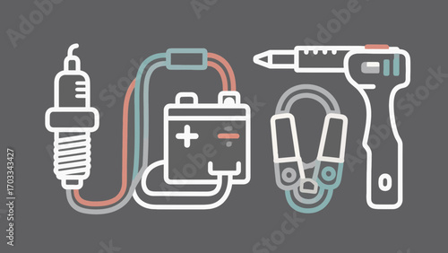 Automotive electrical system components depicted in a line art style illustration