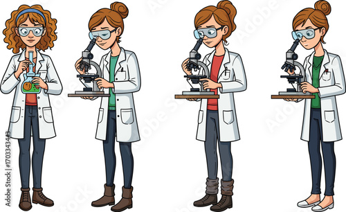 Female scientist cartoon character, lab coat, microscope, petri dish, STEM education, diversity in science, research, experiment, analysis, laboratory, woman in science, scientific illustration