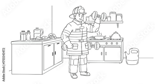 Cartoon illustration of a fireman staying fit by lifting weights in the kitchen. Outline vector concept for safety and health