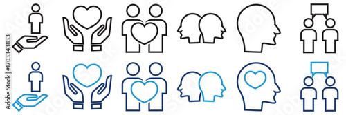 Relationship and communication  icon collection. Set of icons themed around relationships, communication, teamwork, love, and human connections for modern digital design. Vector illustration.
