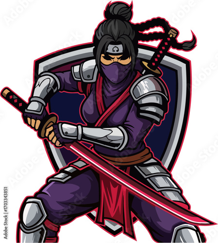 Armored Female Ninja Warrior with Katana Sword Esports Mascot