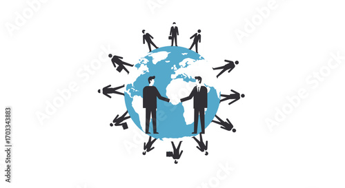 Global business deal: People shaking hands on a world map, surrounded by other figures.