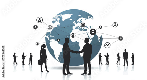 Global business network: silhouettes of people, handshake, and world map.