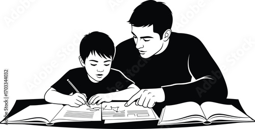 Father helps son with homework, sitting at a table with books, focused learning and education together
