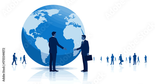 Global Business Partnership Vector with Handshake and People Silhouettes on White Background