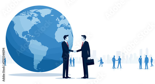 Global Business Partnership Vector with Handshake and People Silhouettes on White Background