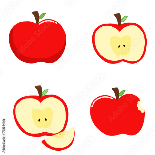 set of apples - whole, half, slice and bite