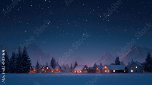Charming winter village illuminated by cozy lights under starry