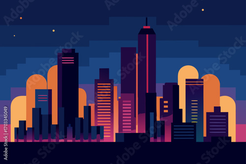 Stylized cityscape at dusk with geometric buildings