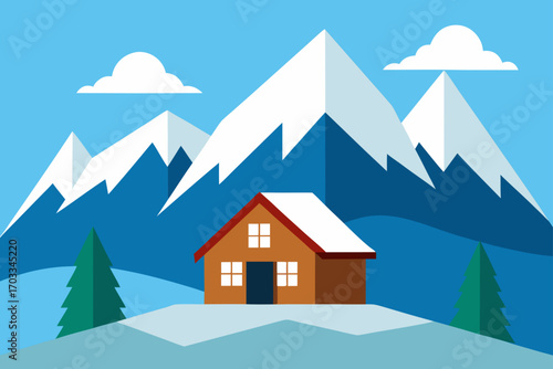 Cozy cabin nestled among snowy mountains and pine trees