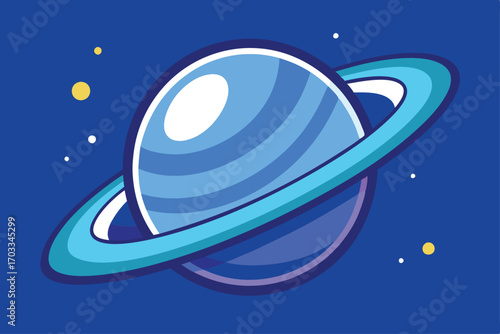 Stylized blue planet with prominent rings stands against a dark blue space backdrop