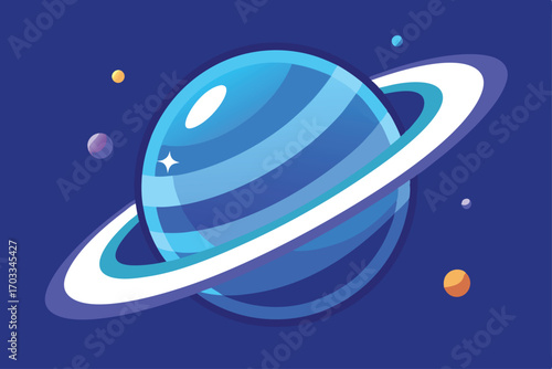 Striped blue planet adorned with bright white rings floats among smaller cosmic objects