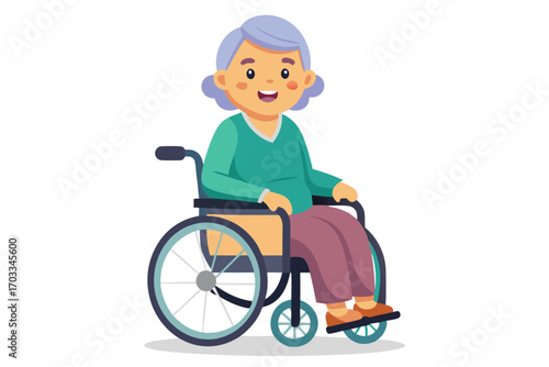 Smiling elderly woman with purple hair is sitting in a wheelchair alone