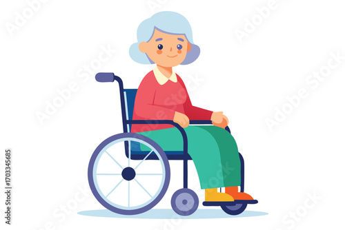 Senior woman with light hair is sitting in a blue wheelchair