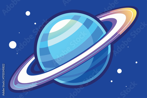 Cartoon planet with blue hues surrounded by layered rings orbits in deep space