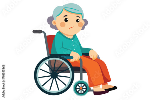 Unhappy elderly woman with light blue hair sits in wheelchair looking sad
