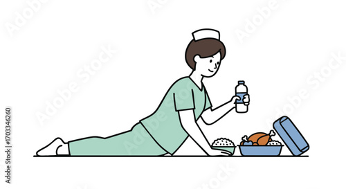 Vector illustration of a female nurse taking a meal break, resting on the floor with a lunch box and a bottle of water