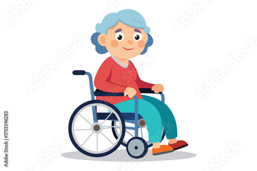 Smiling Caucasian senior woman wearing orange shoes sits in her blue wheelchair comfortably