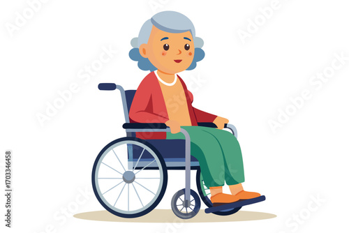 Elderly woman with gray hair sits peacefully in a wheelchair wearing casual clothing