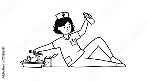 Cheerful Nurse Relaxing with Food and Drink A Lighthearted Illustration for Health and Wellbeing