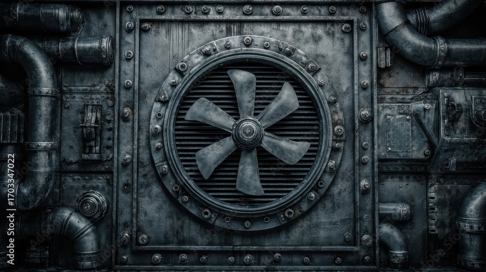 Obraz premium Industrial Fan and Piping System on Metallic Wall in Dark and Gritty Environment with Textured Surface Detail