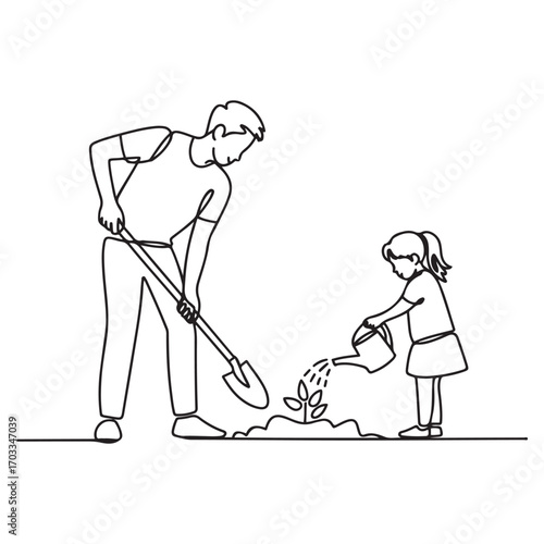 One single line Art drawing young father digging ground using shovel and daughter watering a plant at home garden vector illustration. with white background