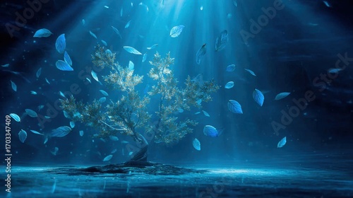 Wallpaper Mural Ethereal Underwater Scene Featuring a Glowing Tree Surrounded by Floating Leaves and Rays of Light Torontodigital.ca