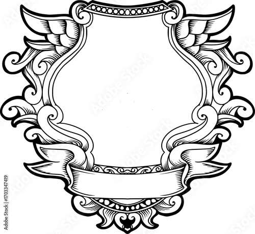 featuring a shield design with ornaments and ribbons