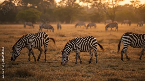 Zebras grazing in golden savanna sunlight