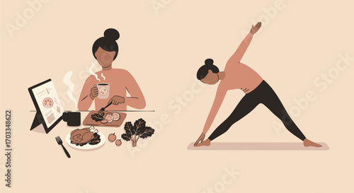 Achieving Balanced Wellness An Illustration of a Woman Engaging in Yoga and Enjoying a Healthy, Mindful Meal for a Holistic Lifestyle and Self-Care